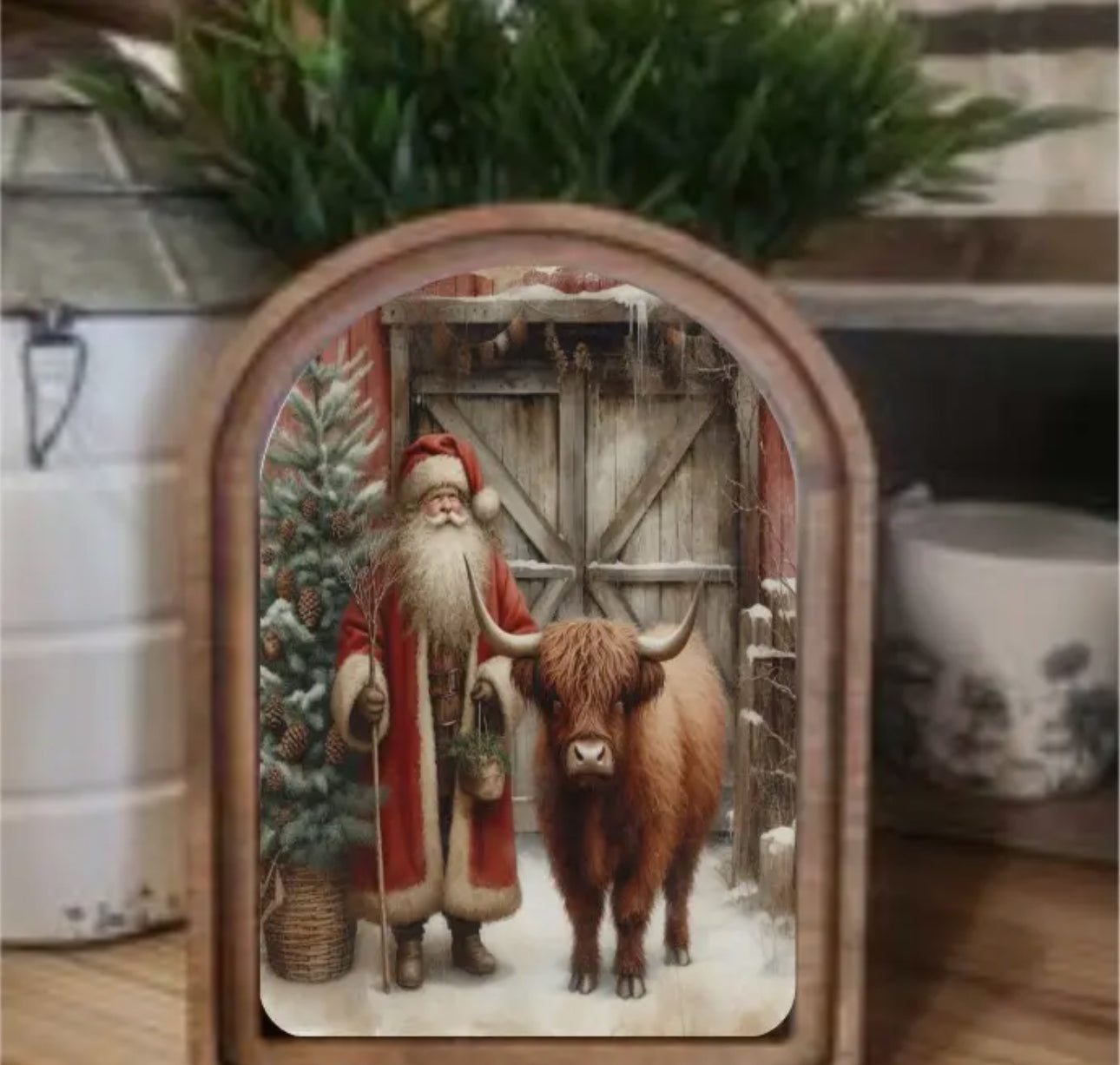 Arch Santa with Cow Sign