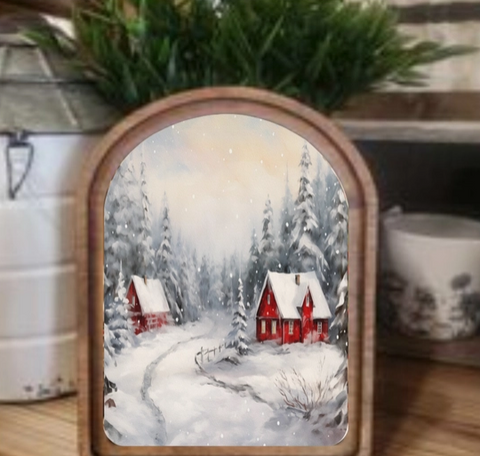 Arch Snowy Red Cabins Sign
