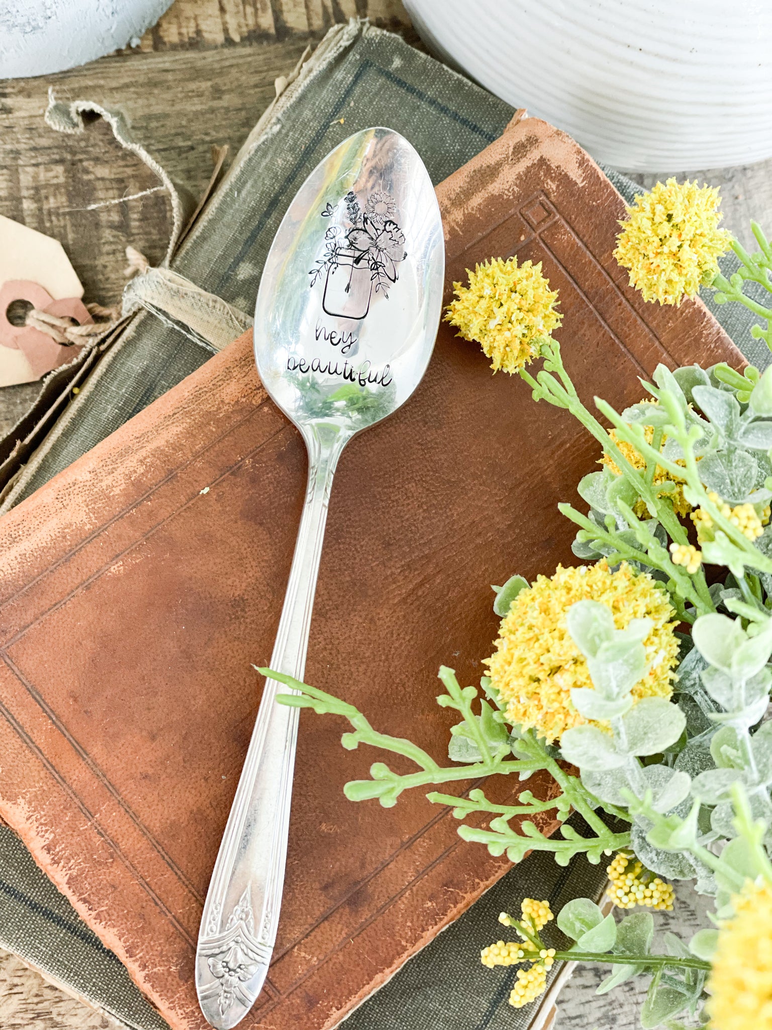 Hey Beautiful Floral Mason Jar Vintage spoon
